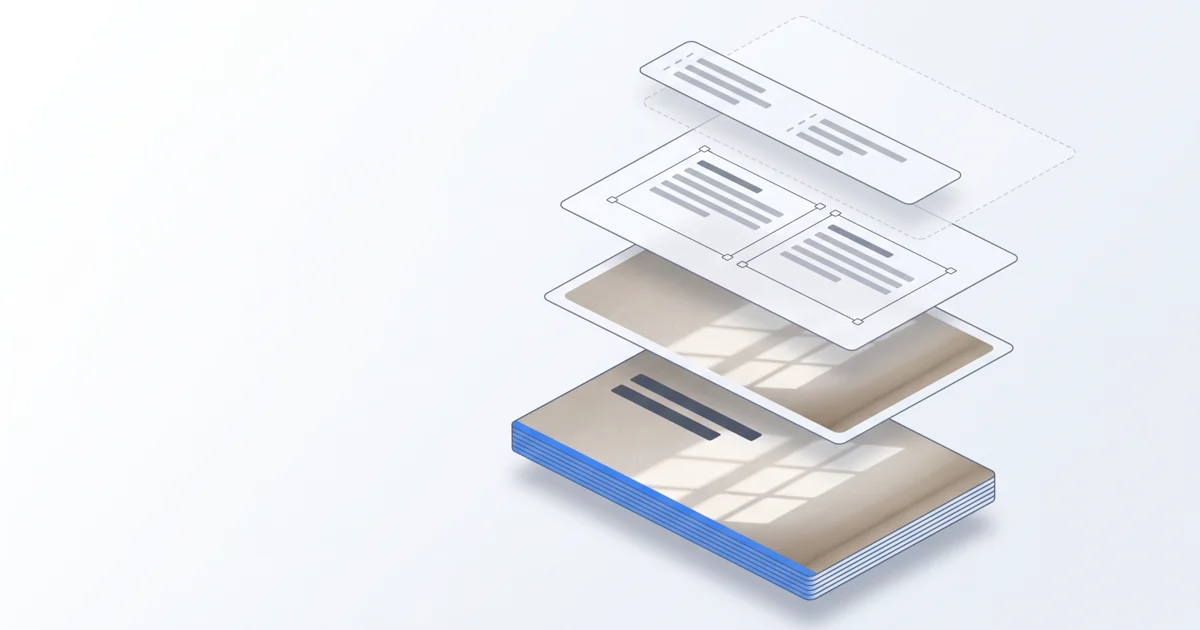 An exploded view of one slide: a photo layer, text frames with edit handles, and a notes strip float above a flat stack of finished slide pages.