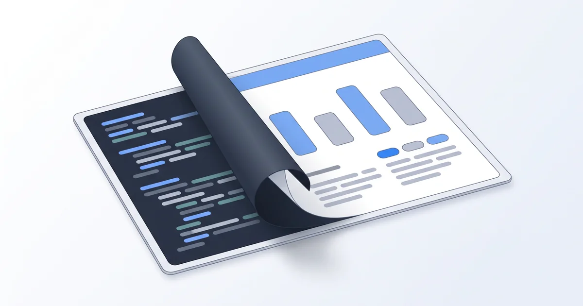 A dark layer of code-like lines peels back from a sheet, revealing a finished report page with a blue header, a small bar chart and filter chips.