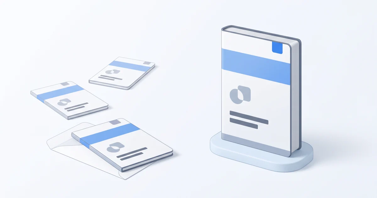 A report stands on a pale blue base with a blue corner tab, while three identical smaller copies, one on an envelope, carry a gray tab.