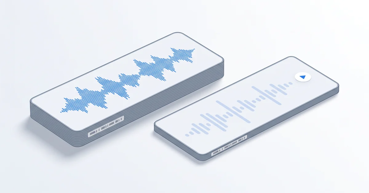 Two slabs with the same blue waveform lie side by side: a thick one with a detailed wave and a thin one with a simpler wave and a play button.