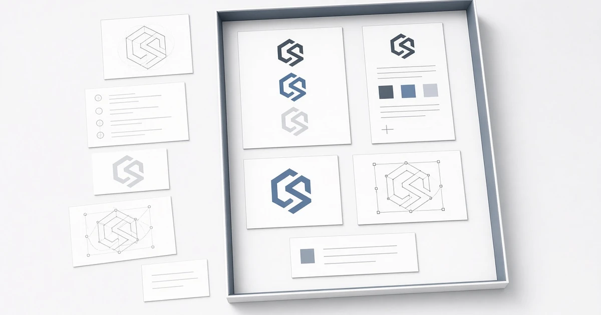 An open brand handoff package holds selected final assets while sketches, review sheets, and alternate designs remain outside it.