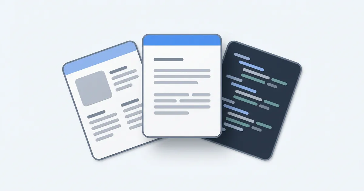 Three cards fanned out: a document page in front, with a website layout and a dark card of code-like lines behind it.