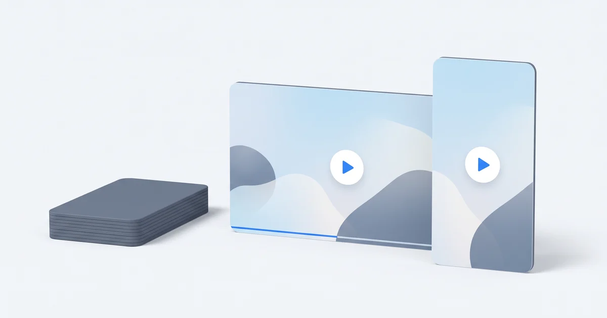 A wide and a vertical video frame stand upright, each with a play button, while a heavy dark stack of layers sits apart to their left.