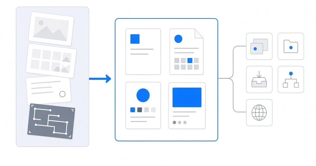 Working design files narrow into a selected final brand package, then branch to workspace, folder, transfer, workflow, and browser-link delivery options.