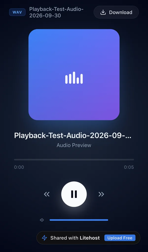 An audio file playing from a Litehost link on a phone, with play, skip and Download buttons