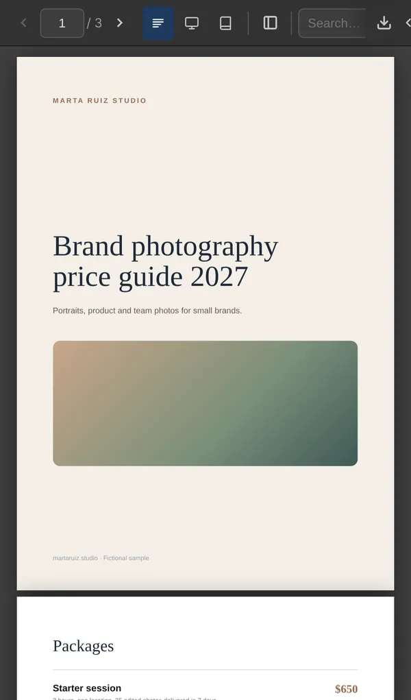 A price guide PDF opened from a Litehost link on a phone, with page controls and a Download button